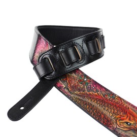 Walker And Williams KB-21 Black & Magenta Carved Grain Leather Strap W/Fire Koi Design