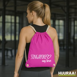 Huuraa Singapore My Love Gym Bag Cotton 12 Litre Size for All Singapore Fans Gift Idea for Friends and Family, fuchsia, daypack
