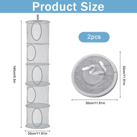 Hanging Mesh Storage Basket, 2 PCS Foldable Soft Toy Storage, 5 Tier Hanging Toy Storage Net, Teddy Storage Hanging Mesh, Polyester Hanging Mesh Storage Basket for Soft Toys Clothes Sundries(Grey)