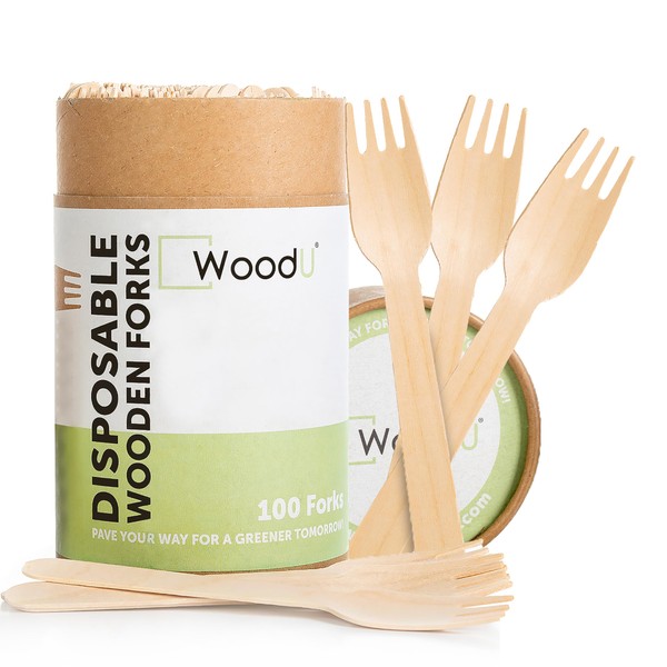 Disposable Wooden Forks by WoodU | 100% All-Natural, Eco-Friendly, Biodegradable, and Compostable - Pack of 100-6.5" forks cutlery utensils