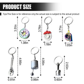UHANBUT 6PCS Car Parts Metal Keychain Kit, Wrench, Brake Disc, Wheel Tire Rim, Engine Piston, Manual Shift Box Keyring