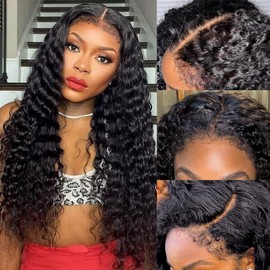 Hedy 13x4 Deep Curly Wave Lace Front Wigs Human Hair with 4C Natural Hairline 150% Density HD Curly Human Hair Wigs for Black Women Pre Plucked Transparent Deep Wave Lace Frontal Wigs 28 Inch