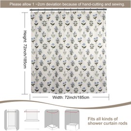 Abstract Vintage Floral Linen Shower Curtain - Neutral Traditional Floral Block Print Pattern in Blue and Green,Botanical Boho Shower Curtain Set for Rustic Farmhouse Frenchy Bathroom Decor 72x72 Inch