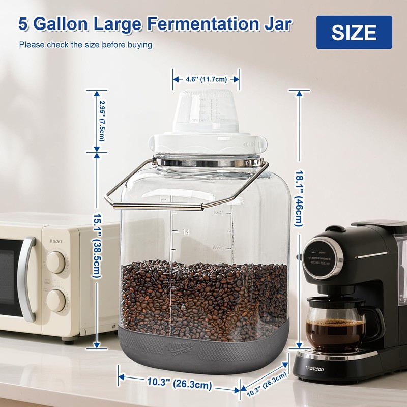 5 Gallon Square Fermentation Jar with Wide Mouth, Stainless Handles,