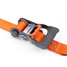 PowerTye 1.5in x 7ft Ergonomic Locking Ratchet Straps with Heavy-Duty S-Hooks - Made in USA - 1,000 lb. Working Load Limit / 3,000 lb. Breaking Strength - Orange (Pair)