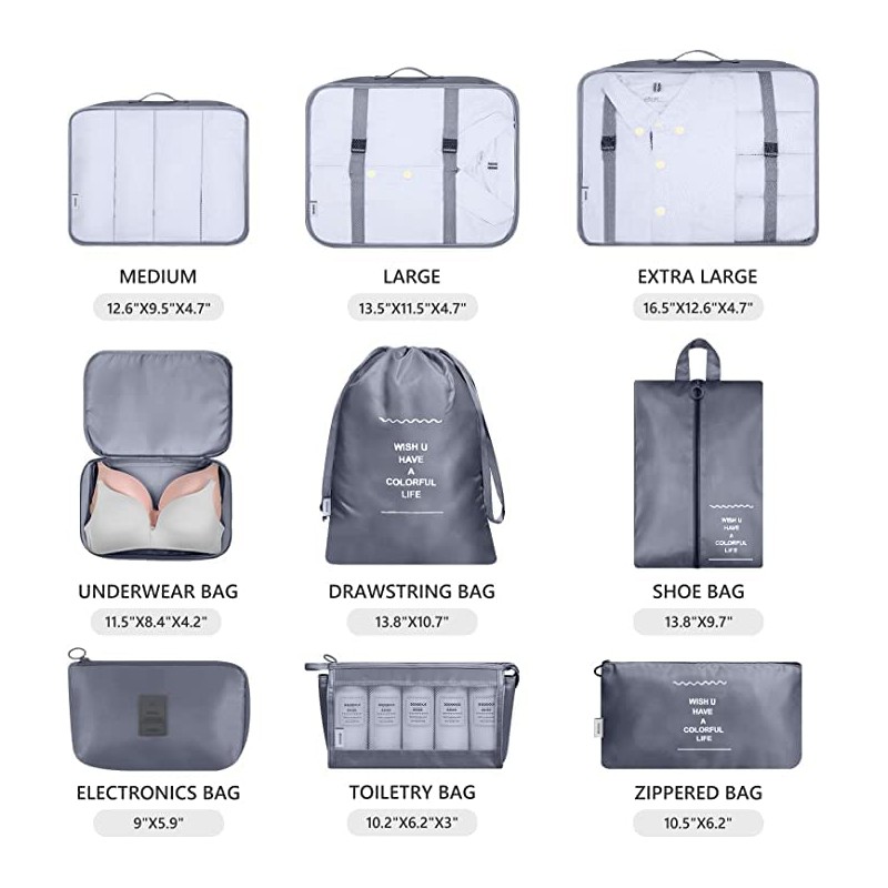 Packing Cubes, 9 Set Packing Cubes with Shoe Bag &