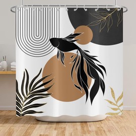 ASDCXZ Boho Shower Curtain 180 x 200 cm, Modern Abstract Boho Style Black Koi Carp Gold Leaves Flowers Bathroom Washable Shower Curtains Polyester Textile Waterproof Bath Curtain for Bath with 12