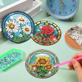 Diamond Art Coasters-8 PCS Flowers Diamond Painting Coasters Kits with Holder, DIY Flowers Coaster Kit for Adults Art Craft Supplies Gift