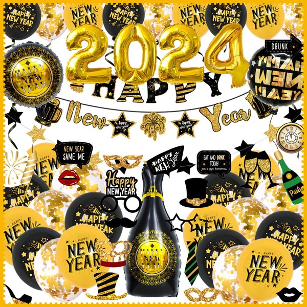 61Pcs Happy New Year Decorations 2024 Set, 40PCS Black and Gold New Years Eve Party Supplies 2024 Kit with Happy New Year Banner and Beer Balloons for New Years Eve Backdrop