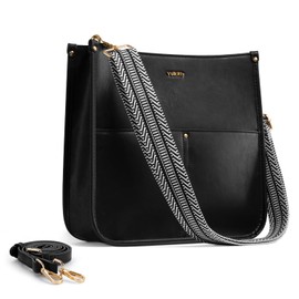 Vulkitty Crossbody Shoulder Bag for Women Fashion Ladies PU Leather Satchel Hobo Bag with Adjustable Ribbon Strap and Leather Strap, Black