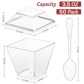 50 Pack 3.5 oz Mini Dessert Cups with Lids and Spoons, Square Appetizer Cup Clear Plastic Shooter Cups for Serving Parfait, Pudding, Fruit, Jello