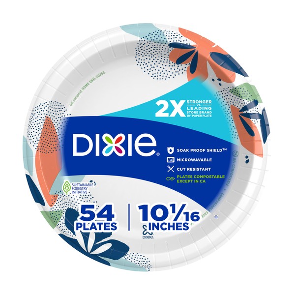 Dixie Large Paper Plates, 10 Inch, 54 Count, 2X Stronger*,