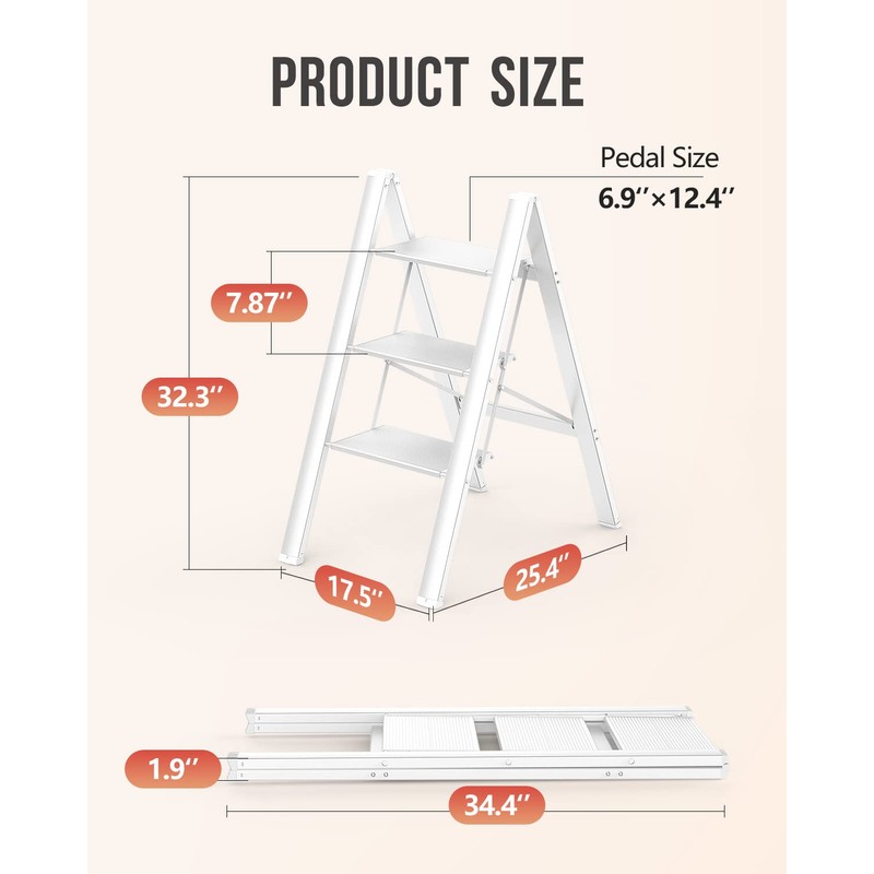 WOA WOA 3 Step Ladder, Foldable Step Stool, Lightweight Ladder