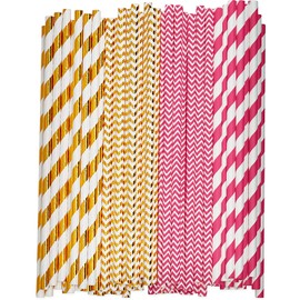 [200 Pack] Pink & Rose Gold Paper Drinking Straws 100% Biodegradable Multi-Pattern Party Straws