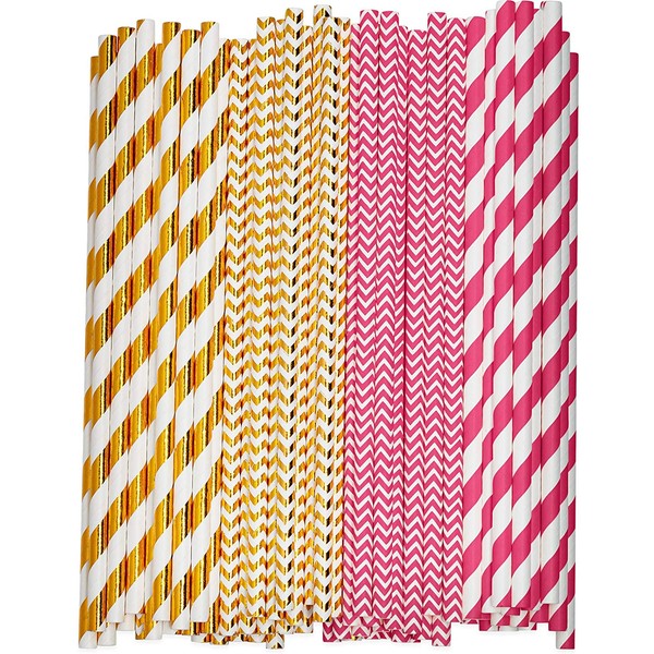 [200 Pack] Pink & Rose Gold Paper Drinking Straws 100% Biodegradable Multi-Pattern Party Straws