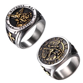 OIDEA St. Michael Rings for Men: 2Pcs Saint Michael Rings The Great Protector Archangel Defeating Satan Figurine Signet Rings Religious Amulet Jewelry Gifts Gold Size 11