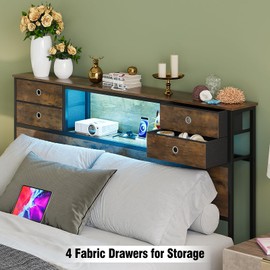 GiftGo Queen Size Headboard with 4 Fabric Storage Drawers Charging Station LED Light Adjustable Height Storage Rack Sturdy and Stable Metal Frame & Wood Shelf (Rustic Brown, Queen (U.S. Standard))