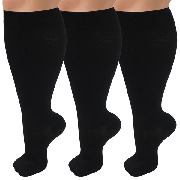 Paquete de 3 calcetines de compresión de pantorrilla ancha para mujeres y hombres, 20-30 mmhg, medias altas hasta la rodilla para apoyo de circulación, color negro, talla 3XL