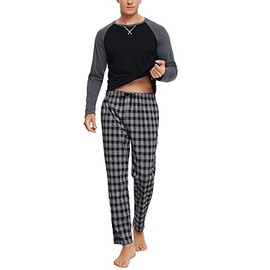 Litherday Men's Long Checked Pyjamas Set with Crew Neck Cotton Sleepwear Winter Pyjamas Two Piece with Pockets Sleepwear for Spring Autumn, Stil1 black