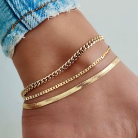 CAROVO Ankle Bracelets for Women, Layered Ankle Bracelet Gold Anklets for Women Cuban Link Anklets Set Beach Anklet Summer Jewelry Gifts