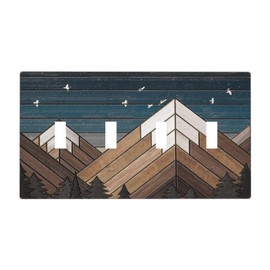 Rustic Geometric Mountain Wilderness Wood 4 Gang Wall Plate Quad Toggle Light Switch Cover Decorative Outlet Covers Electrical Light Switches Faceplate for Bedroom Bathroom Kitchen Decor