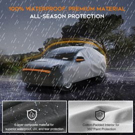 6-Layer Waterproof Sedan Car Cover: Full Protection from Rain, Snow, UV & Dust - Universal Fit up to 213" with Zipper Door, Windproof Hooks & Reflective Strips for Parking & Garage Use