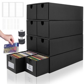 AOBOPLE Cassette Tape Storage Box,4 Pack Cassette Tape Holder Holds 144 Cases,Stackable Cassette Rack with Lids and Index Labels Media Storage Organizer