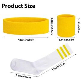 NANXJIUR Sweatband Striped Sock Set for Men Women Sweatband Headband High Sports 80s Party Costumes Theme Accessories Sports Headband Wristbands High Tube Socks (Yellow)