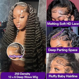 Misscity 30 Inch 250 Density Deep Wave Wig 13x6 Deep Wave HD Lace Front Wigs Human Hair For Women, Pre Plucked, Tangle Free, Minimal Shedding, Full Volume 330g, Natural Look For Daily Wear