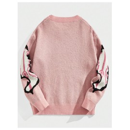 SOLY HUX Men's Sweater Graphic Print Drop Shoulder Long Sleeve Crewneck Pullover Tops Pink Graphic Large