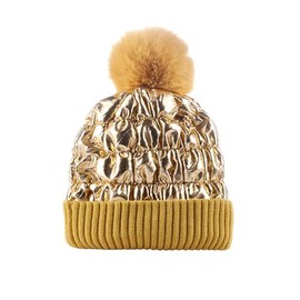 WITHMOONS Winter Pom Beanie Shiny Metallic Fleece Knit Hat Slouchy Cap YZP0255 (Gold)