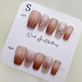 RosiFoxi Nails Handmade Nail Tips, False Nails, Elegant, Cute, Amber, Short, Medium, French Nails, Colors, Parties, Holidays, Commutes, Nail Art, 10 Pieces (Chic in Lowkey, M)