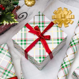 Garbendy Christmas Wrapping Paper - Mini Roll - 17 Inch X 32.8 Feet - Green Plaid With Gold Foil Patterns Design for Christmas, Holiday, Party, Birthday, Baby Shower