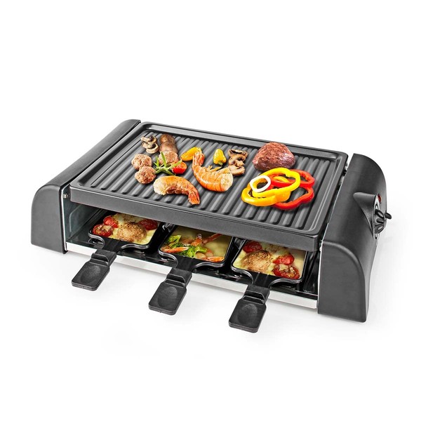 Ex-Pro 6 People Raclette Grill Electric Plate, 1000W with Non-Stick Plates, Adjustable Thermostat and 6 Pans - Black