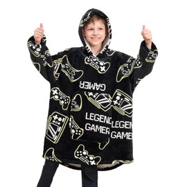 Game Controller Wearable Blanket Hoodie for Boys Gamer Oversized Hoodie for Kids (Gamer-Black, 12-13 Years)