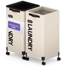 Caroeas Next-Gen 105L Matel Frame Laundry Basket with wheels, Heavy Duty Tall Rolling Laundry Hamper with Removable Wash Bag, Collapsible Freestanding Clothes Hamper (100L,Beige,2Pack)