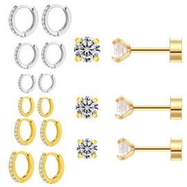 Earring Sets for Multiple Piercing: Small Gold Hoop Stud Earrings for Women Multipack Huggie Hoop Earrings Cubic Zirconia Earrings Studs for Cartilage Helix Tragus Lobe