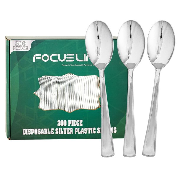 FOCUSLINE 300 Pack 6.8" Disposable Silver Plastic Spoons, Solid and Durable Plastic Cutlery Spoons, Heavy Duty Disposable Utensil Silverware for Catering, Parties, Dinners, Weddings