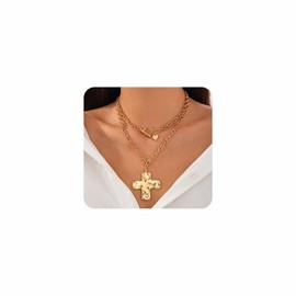 Chunky Gold Cross Choker Necklaces Set for Women Hammered Bold Cross OT Buckle Necklaces Statement Heart Pendant Necklaces Faith Jewelry Accessories (Gold)