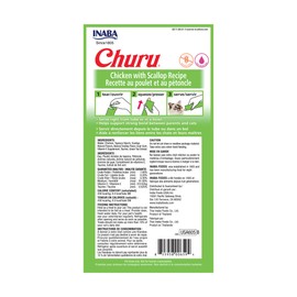 INABA Churu Cat Treats, Grain-Free, Lickable, Squeezable Creamy Purée Cat Treat/Topper with Vitamin E & Taurine, 0.5 Ounces Each Tube, 4 Tubes, Chicken with Scallop Recipe