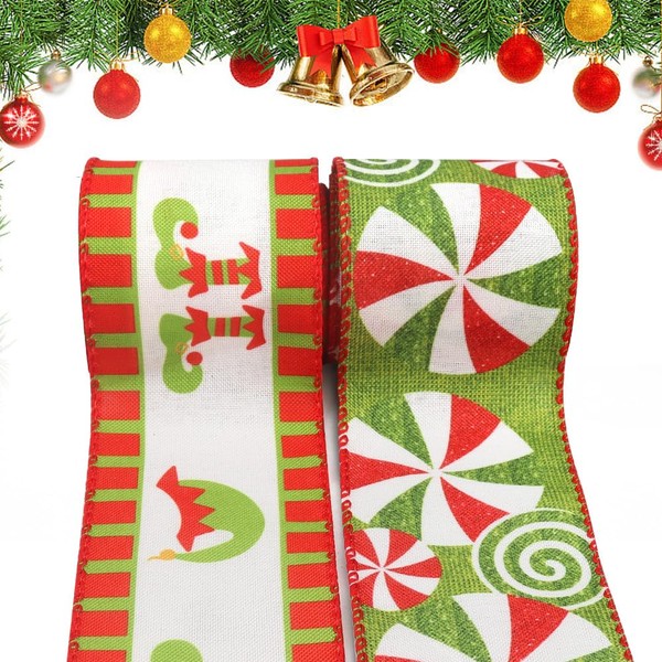 Threetols 2 Rolls 10 Yards Christmas Wired Edge Ribbons, 2.5inch