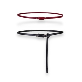 Women's Belts Adjustable Skinny Slim Soft Genuine Leather Belts Waist Belt Gold Color Alloy Buckle Flexible Knots Waistband, 2-Pack, Black & Burgundy