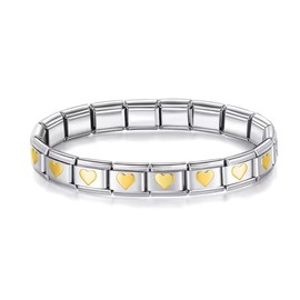 Pulsera italiana de Acero Inoxidable 316L con Corazones Dorados de 9 mm