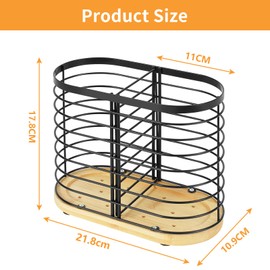 buysigo Kitchen Utensil Holder,Kitchen Countertop Utensil Organizer，Black Stainless Steel Utensil Crock with Bamboo Base For Farmhouse Cooking Utensil Holder Spatula Holder Utensil Organizer