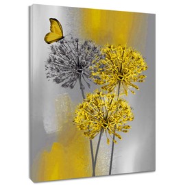 LB Yellow Dandelion Canvas Wall Art Yellow Grey Dandelion with Butterfly on Modern Abstract Wall Art Aesthetic Wall Art Decor for Living Room Bedroom Bathroom Office Framed Ready to Hang 20L x 16W