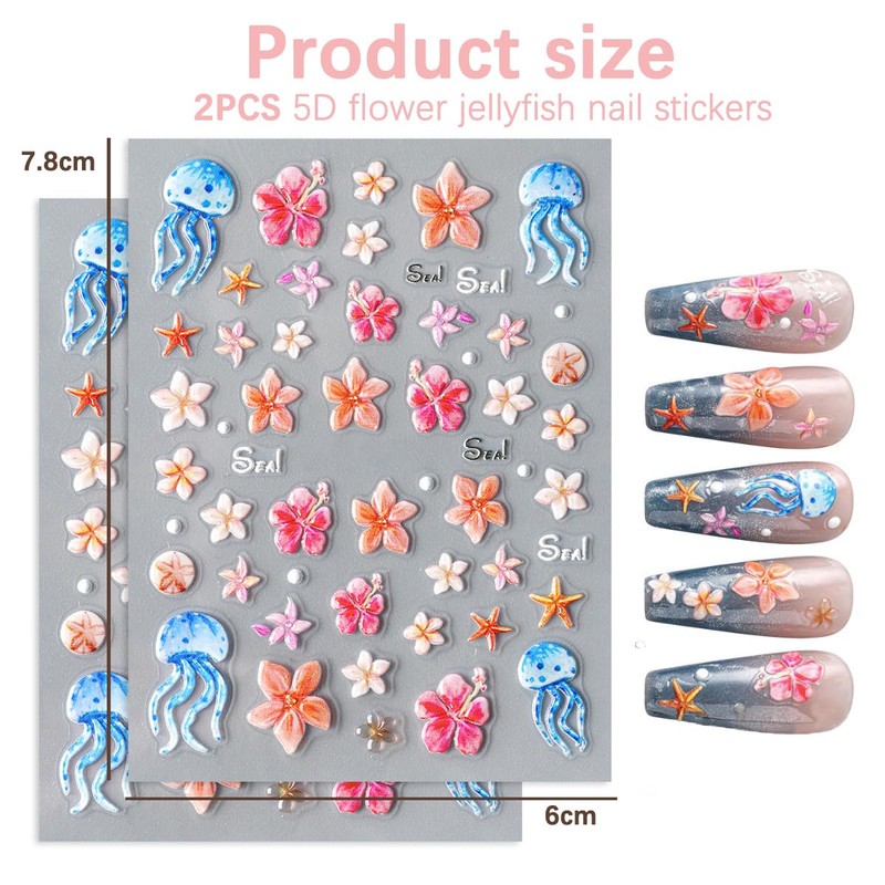 CharmBurst 2 Stück Sommerliche Nagel Sticker mit Blumen, Seesterne, Perlen,