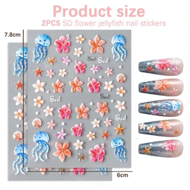 CharmBurst 2 Stück Sommerliche Nagel Sticker mit Blumen, Seesterne, Perlen, Selbtklebende Nail Aufkleber, Nageldesign-Zubehör für Gelnägel, Nagel Deko