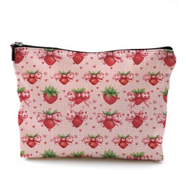 QGFM Strawberry Makeup Bag, Coquette Pink Bow Strawberry Cosmetic Bags for Women, Coquette Girly Stuff, Cute Gifts for Women, Preppy Aesthetic Pink Zipper Makeup Pouch