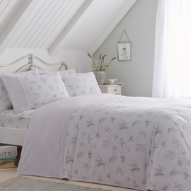 Dreams & Drapes - White Floral Lavender Duvet Cover - Single Bedding Size (140 x 200cm) - Classic Ruffle & White Lace/Frill - White & Lilac Floral Bedding - Vintage White Bedding with Botanical Print