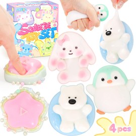 NINAOR Squishy Fidget Toys 4Pcs, Penguin Bunny Dog Squeeze Sensory Toys for KDS with Autism Stress Relief Gifts Treasure Box Toy for Classroom Birthday Party Favors Easter Stocking Stuffers for Teens